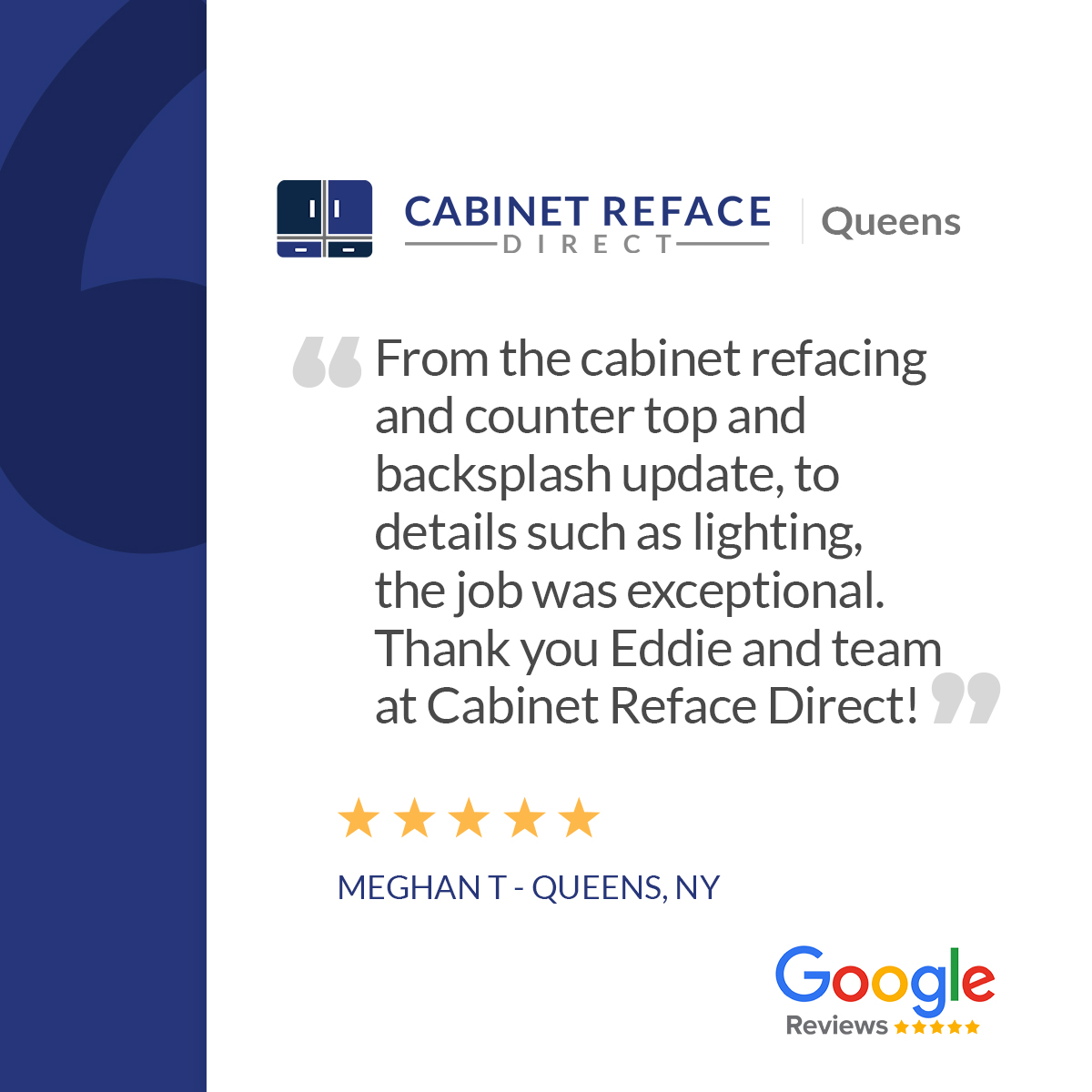 From the cabinet refacing and counter top and backsplash update, to details such as lighting, the job was exceptional. Thank you Eddie and team at Cabinet Reface Direct!